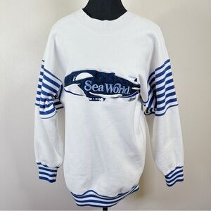 Jostens White Blue Striped Sea World Crew Neck Sweatshirt